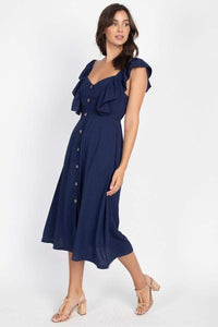 Button Front Ruffle Midi Dress