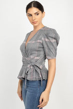 Plaid Front Wrap Puff Sleeve Top