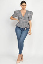 Plaid Front Wrap Puff Sleeve Top