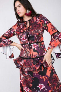 Cascade Ruffle Sleeve Frill Tiered Bottom Print Midi Dress